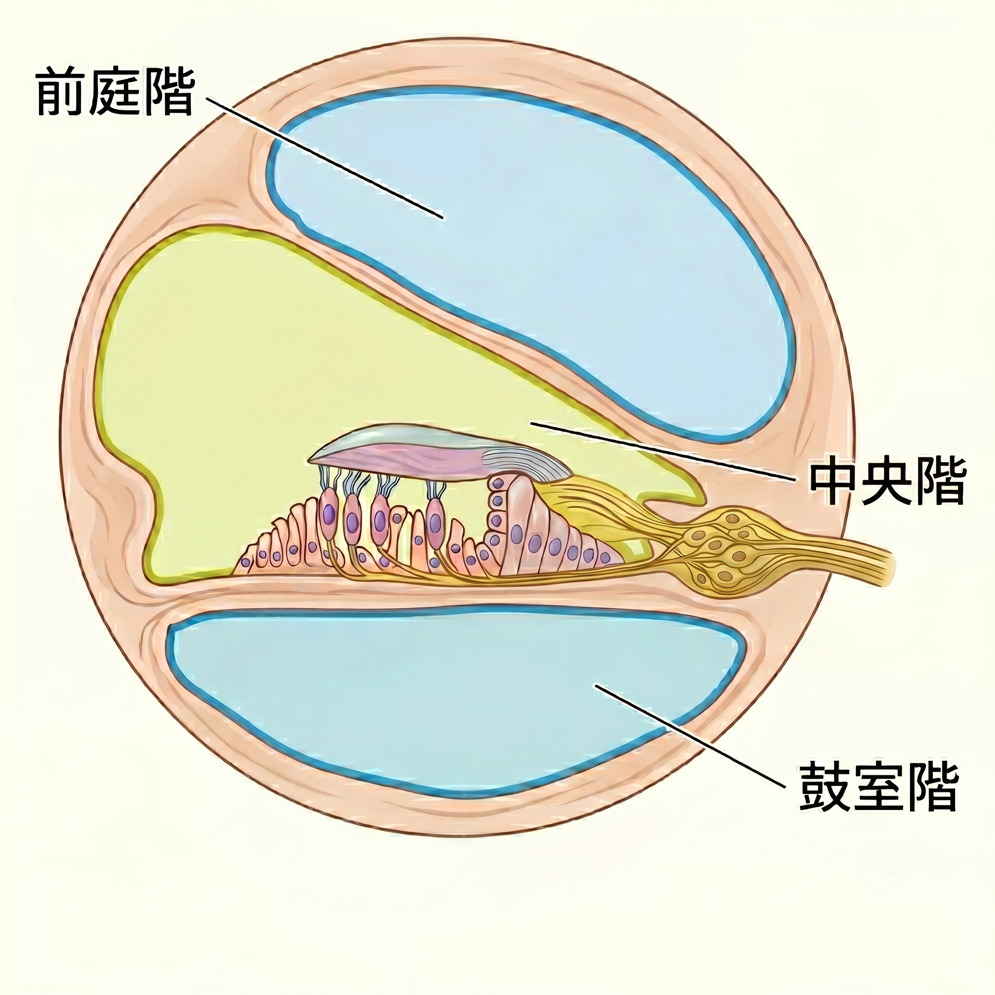 蝸牛の3層構造を示す断面図。前庭階、中央階（蝸牛管）、鼓室階と、それぞれを満たすリンパ液の違いを示している